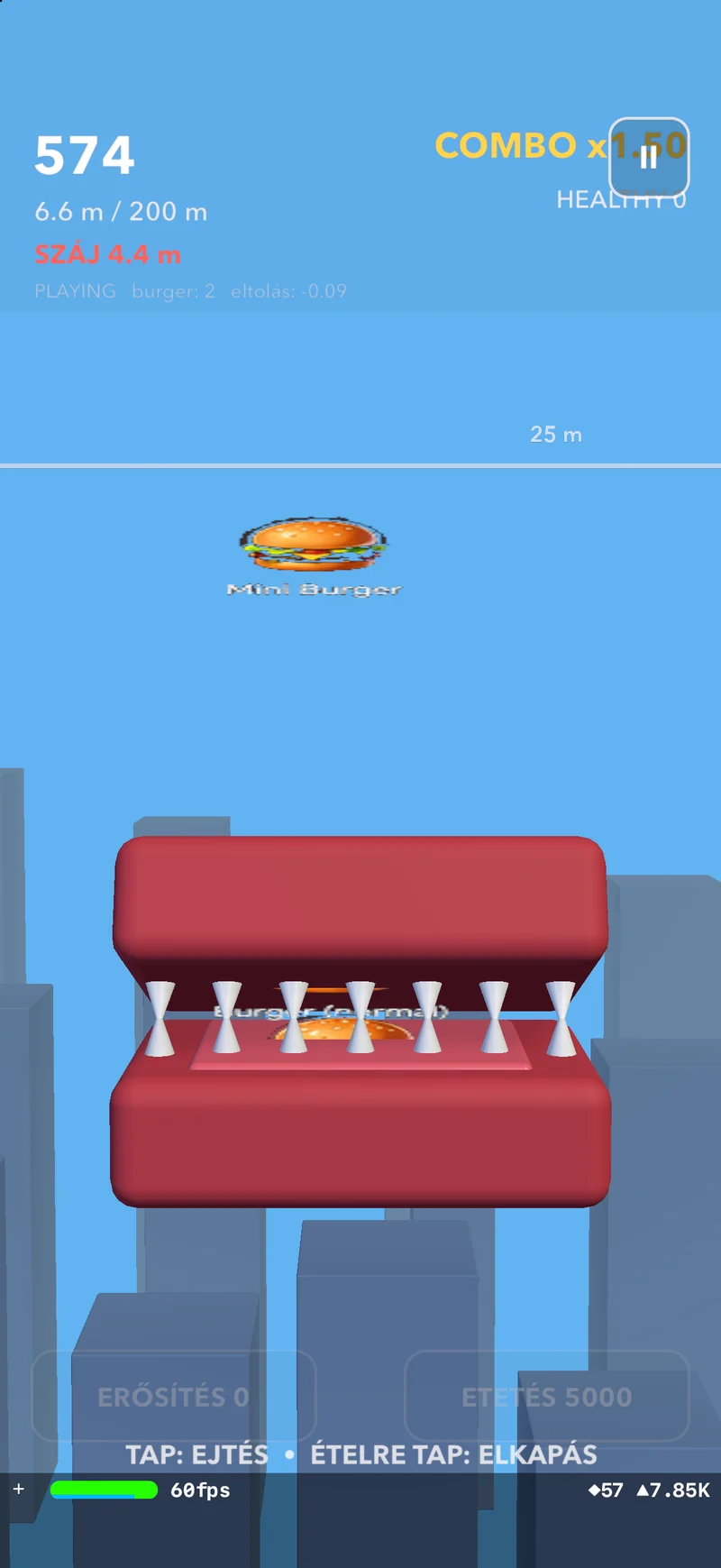 Burger Tower valós játékállapot, burger és emelkedő veszély