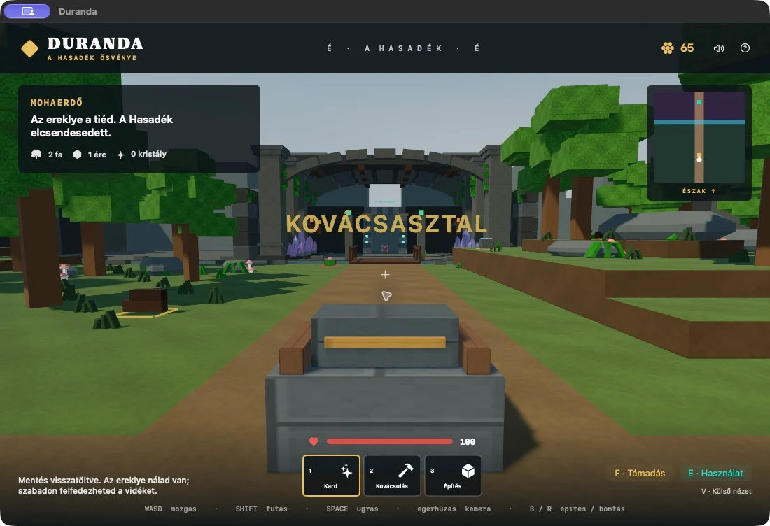 Valódi Duranda játékmenet: low-poly erdő és kovácsasztal